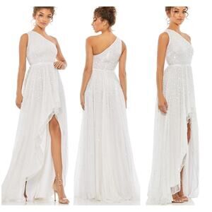 Mac Duggal NWT Sequin One Shoulder High Low Gown White Size 0 Ruffle Skirt